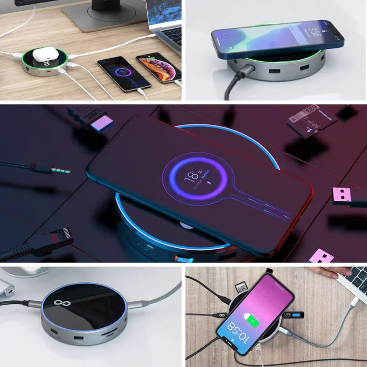 12-in-1 USB-C Hub mit kabelloser Ladefunktion, verbunden mit Smartphones, Laptops und Zubehör