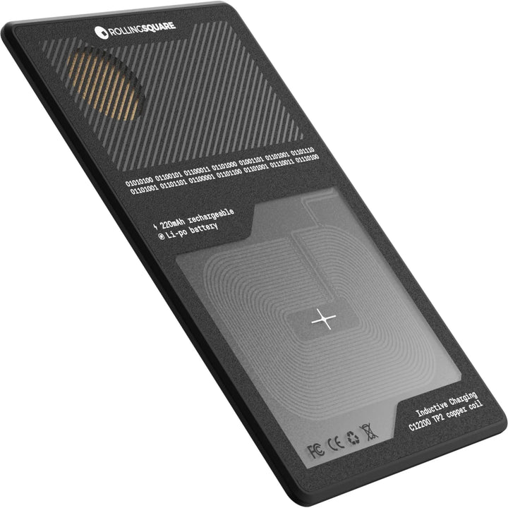 AirCard Pro Tracker Karte Schwarz mit Apple-Tracking, technisches Design, induktives Laden