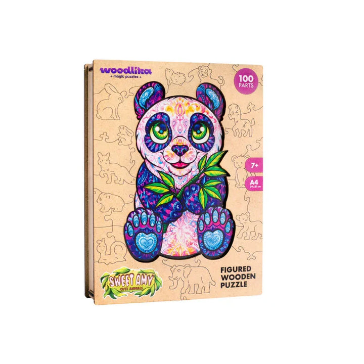 Panda Holzpuzzle Verpackung, buntes Design, 100 Teile, Woodliko, Sweet Amy, A4 Größe.