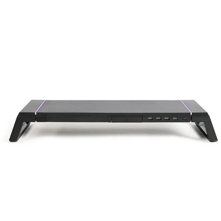 Schwarzer Gaming-Monitorständer mit schlankem Design, seitlichen Anschlüssen und einem dezenten violetten LED-Streifen für stimmungsvolle Atmosphäre.