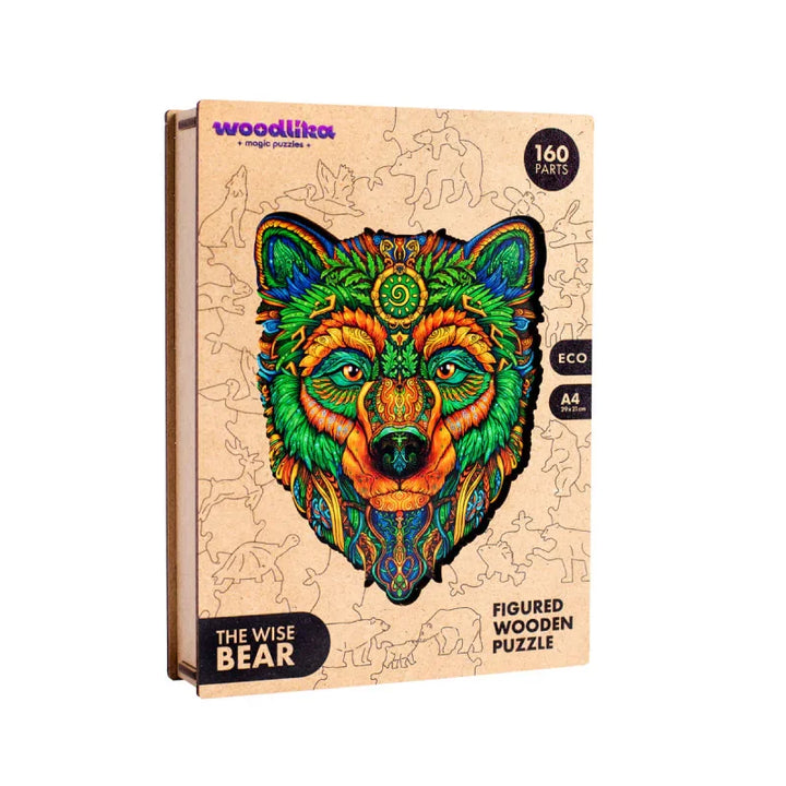 Bunte Verpackung des Holzpuzzles „Der weise Bär“ mit lebendigem, dekorativem Bärendesign, umweltfreundlichen Materialien, 160 Teile.