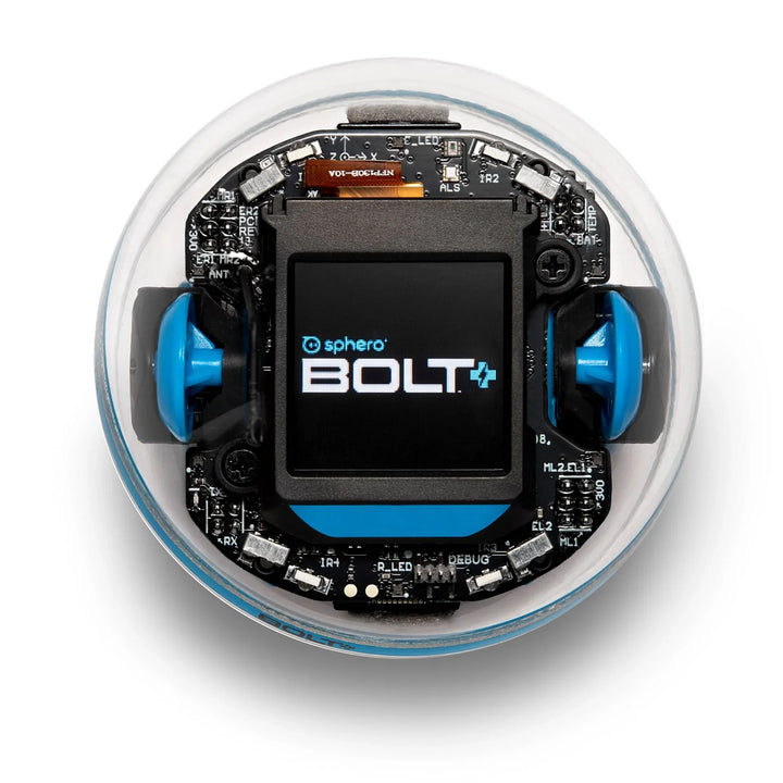 Sphero BOLT Lernroboter, runder transparenter Roboter mit sichtbarer Elektronik auf weißem Hintergrund