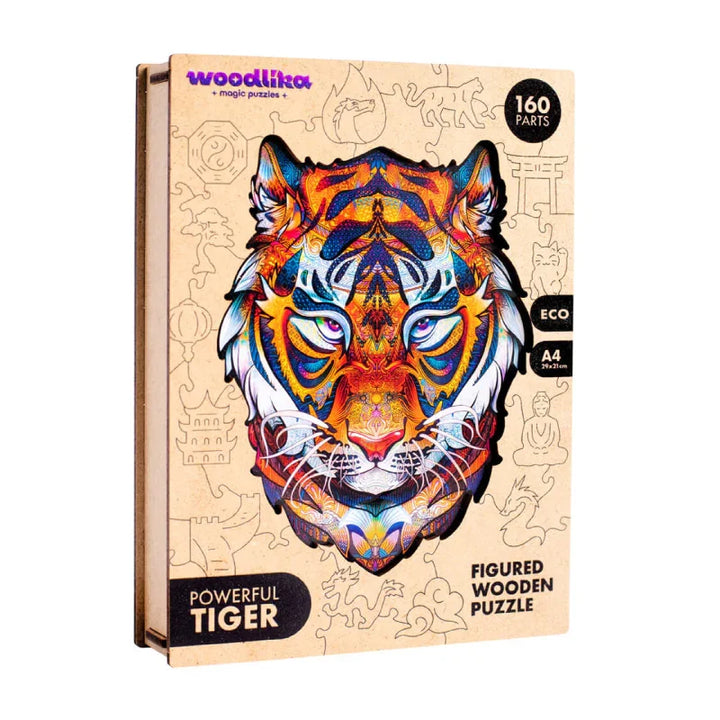 Bunte Puzzlebox aus Holz mit lebendigem Tigerdesign, Aufschrift „Powerful Tiger“, mit 160 umweltfreundlichen Teilen.