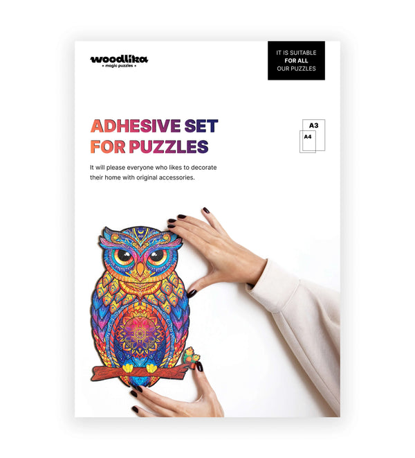 Woodlika Montageset mit bunter Eulen-Puzzle und Händen, geeignet für A3 und A4 Puzzles.