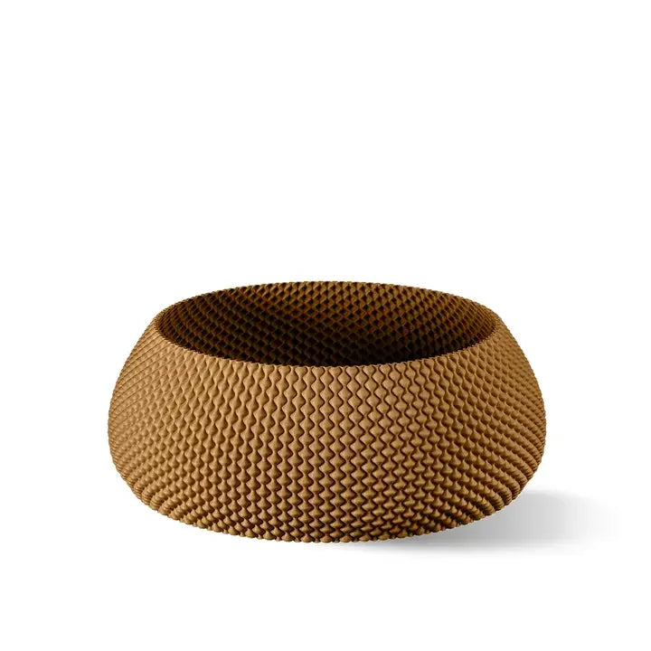 Eine strukturierte, braune Schüssel mit gemusterter Außenseite, breitem Rand und glatter, abgerundeter Form.