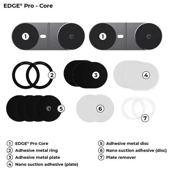 EDGE Pro Core Set mit Metallringen, Metallplatten, Klebescheiben und Nano Saugpads, auf weißem Hintergrund angeordnet.