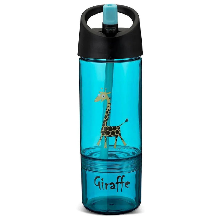 Blaue Kindertrinkflasche mit Giraffenmotiv, schwarzem Deckel und Strohhalm