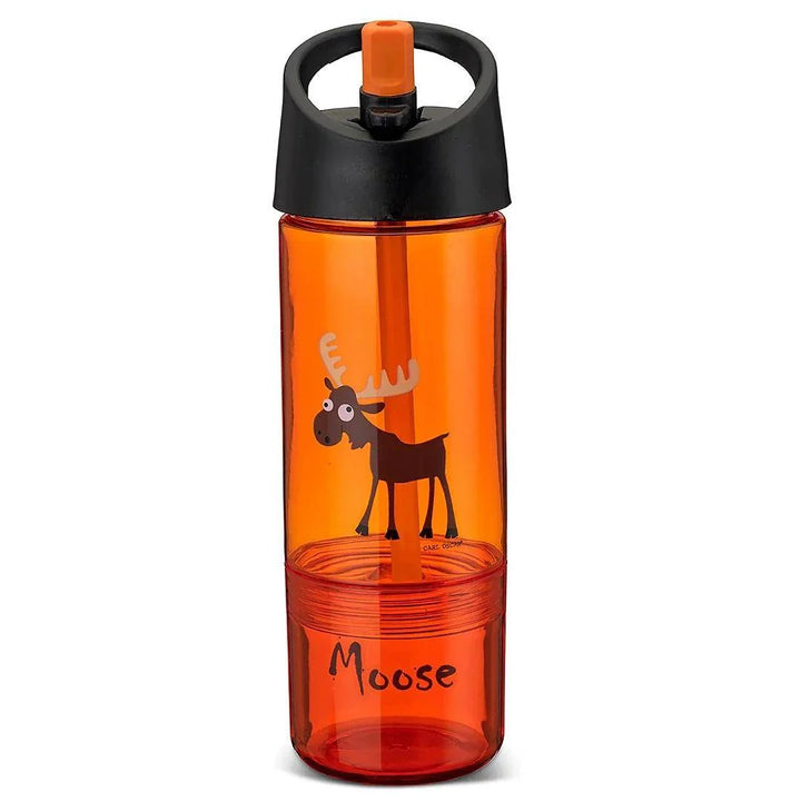 Orange Kindertrinkflasche mit Elchmotiv, schwarzem Deckel und Strohhalm, Motiv Moose