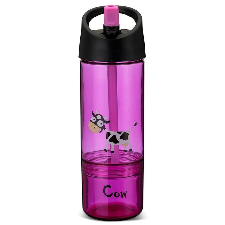 Pink Kindertrinkflasche mit Kuhmotiv, schwarzem Deckel und Strohhalm