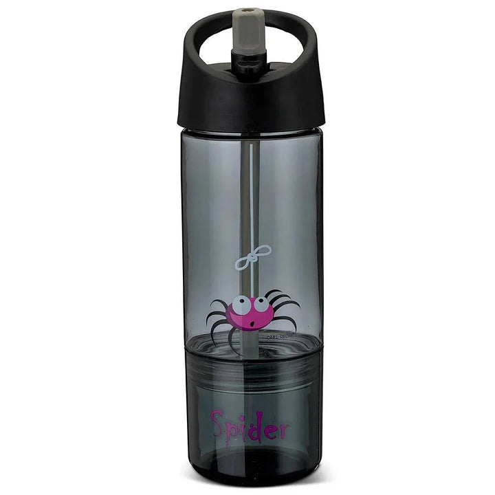 Schwarze Kindertrinkflasche mit rosa Spinnenmotiv und Deckel, Aufschrift Spider
