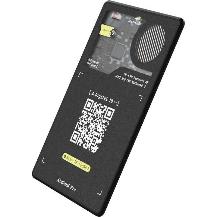 AirCard Pro mit QR-Code, Status-LED und Digital ID, schwarze Oberfläche, modernes Design
