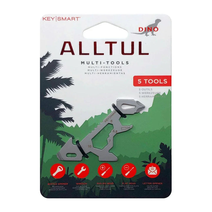KeySmart Alltul Dino Multi-Tool auf Verpackung, 5-in-1 Werkzeug aus Metall im Dinosaurier-Design