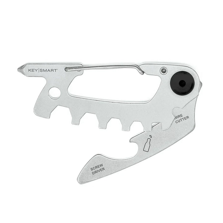 Silbernes Multitool Karabiner mit Schraubenzieher, Drahtschneider und Flaschenöffner.
