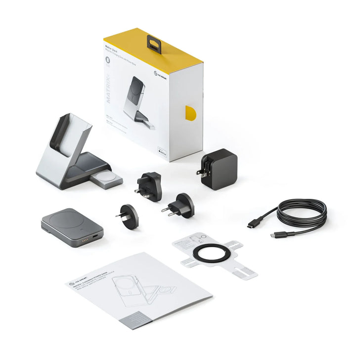 ALOGIC Matrix 3-in-1 Ladestation mit Netzteil, USB-C Kabel, Adaptern und Verpackung