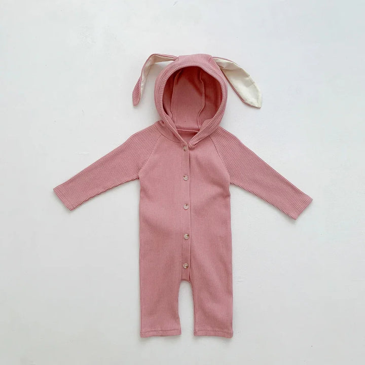 Baby Overall in Dunkelpink mit Kapuze und langen Ohren, Rippstoff, langarm, Einteiler