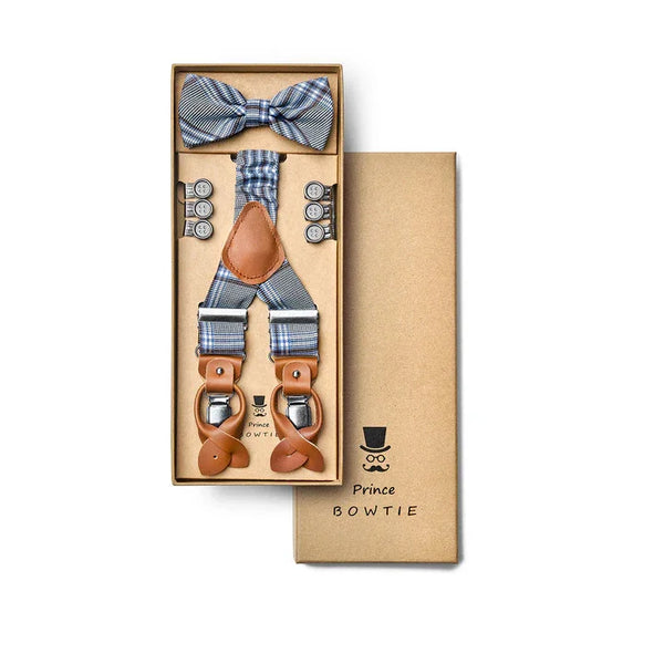 Blau kariertes Hosenträger- und Fliege-Set mit Lederdetails in Geschenkbox, Prince Bowtie