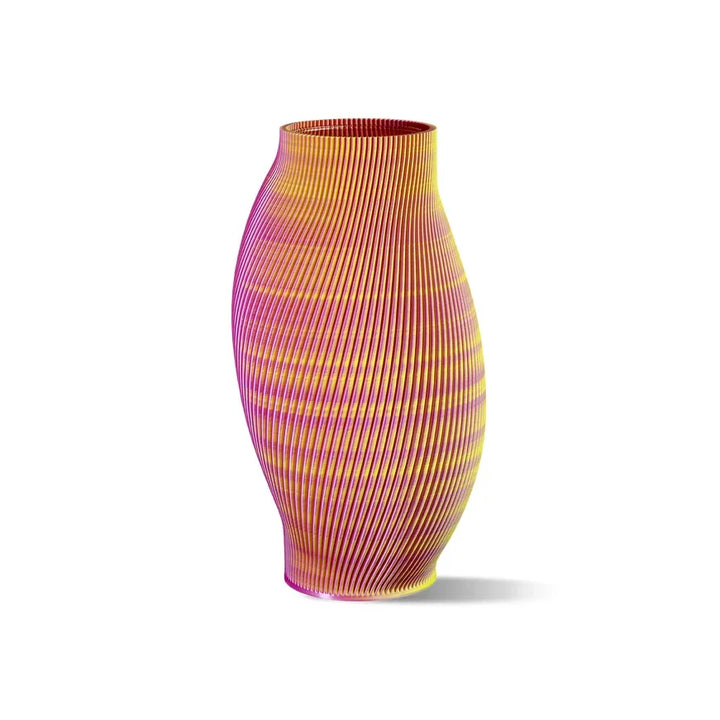 Bunte Vase im Cotton Candy Farbverlauf, modernes Design mit Rillen, Produktfoto auf Weiß.