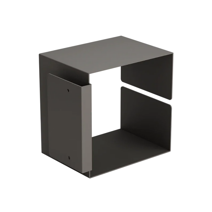 Ein moderner, minimalistischer Würfelständer aus Metall mit offenem Design, dunkelgrauer Oberfläche und klaren Linien.