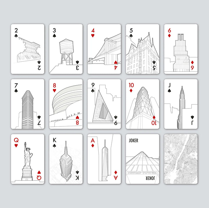 Spielkarten mit New York Skyline, berühmte Gebäude und Wahrzeichen illustriert
