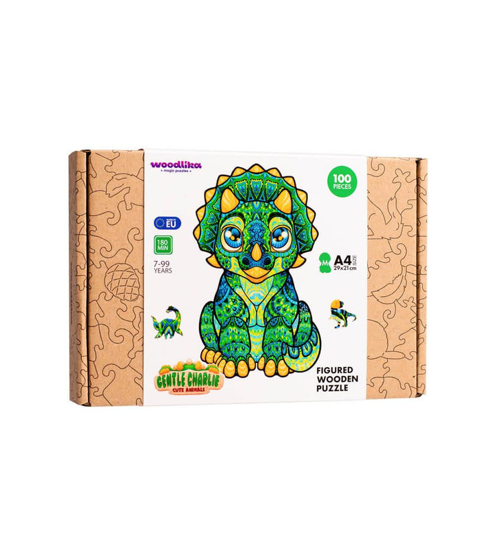 Bunte Dinosaurier Holzpuzzle Verpackung, Gentle Charlie, 100 Teile, A4, für Kinder ab 7 Jahren