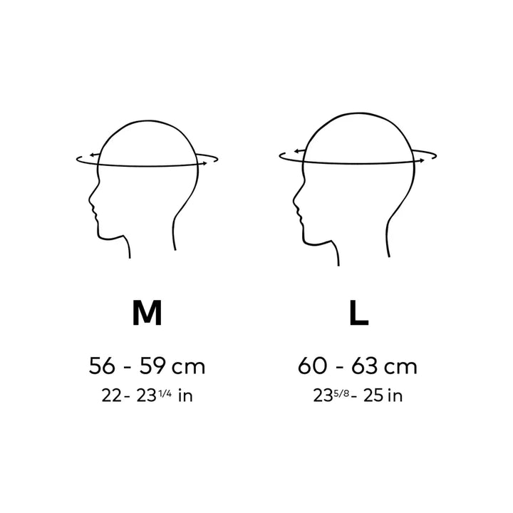 Größentabelle für Closca Helm, Kopfumfang M 56-59cm, L 60-63cm, Zeichnung Kopf