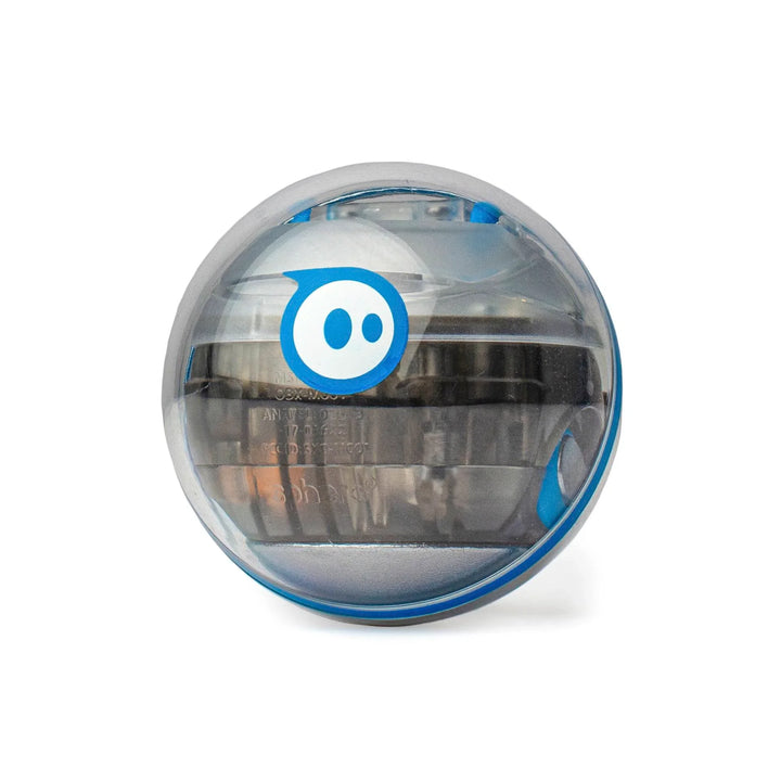 Transparenter Sphero Roboterball mit blauem Logo, weißer Hintergrund, Lernspielzeug