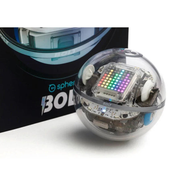 Sphero BOLT transparent Kugelroboter mit LED-Matrix und Elektronik vor Verpackung