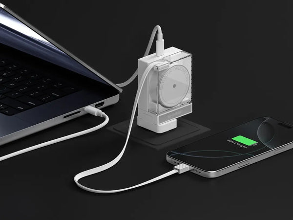 Ein durchsichtiger Ladewürfel verbindet einen Laptop und ein Smartphone und zeigt auf einer glatten schwarzen Oberfläche einen Ladezustand von 98 % an.