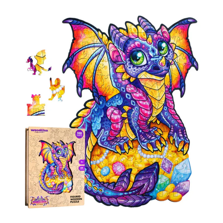 Buntes Drachen Puzzle aus Holz, entzückender Drache auf Schatz, 100 Teile, fantasievoll