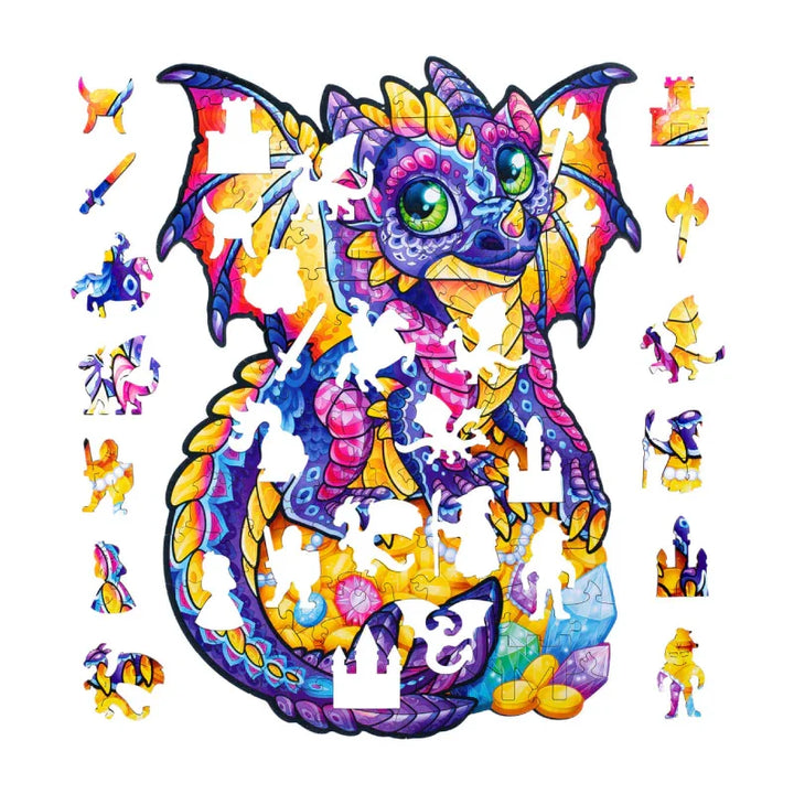 Buntes Drachen-Puzzle mit großen grünen Augen, fehlende Teile und Fantasy-Motive