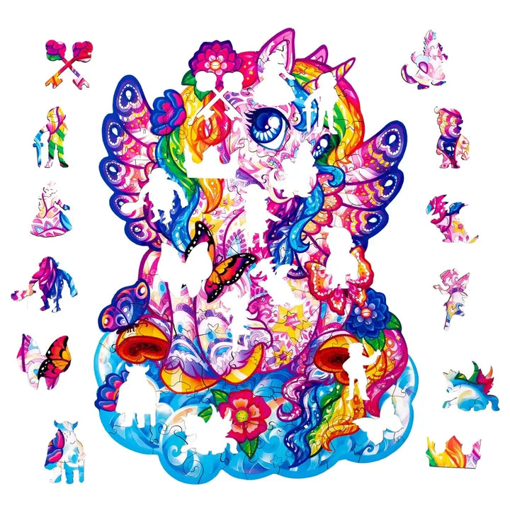 Buntes Einhorn Puzzle mit Fantasie-Motiven, Schmetterlingen und Blumen, Märchen-Design