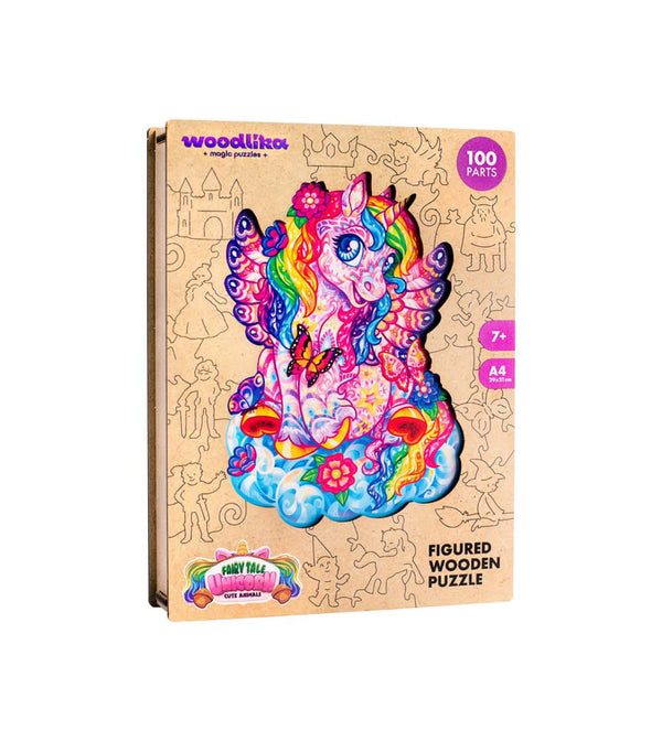 Bunte Puzzlebox mit Einhorn-Design, gekennzeichnet als 100-teiliges Holzpuzzle für Kinder ab 7 Jahren.