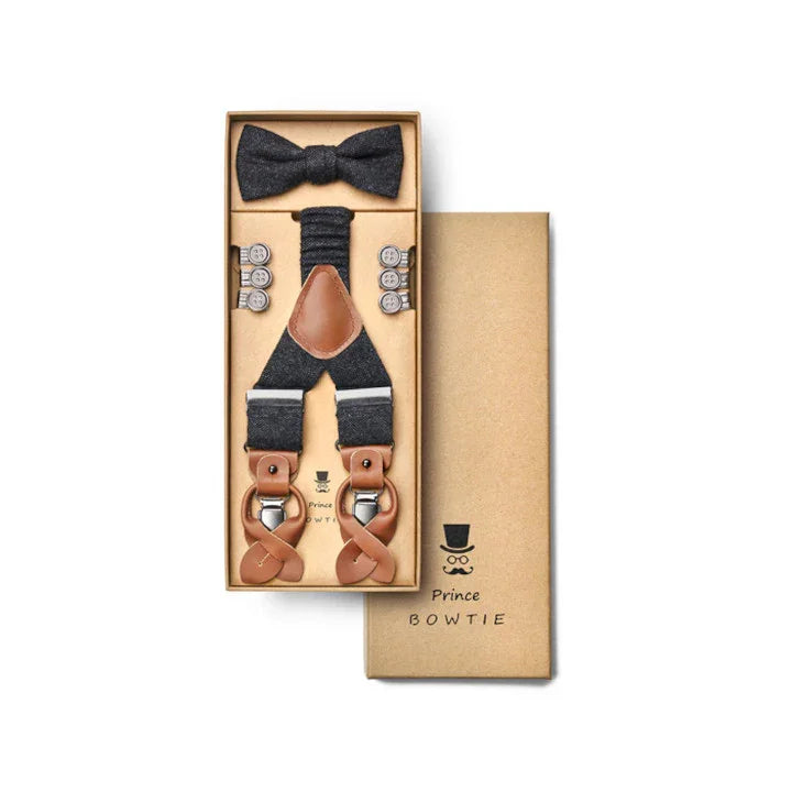 Geschenkbox mit grauer Fliege, Hosenträgern und Lederdetails, Prince Bowtie Set