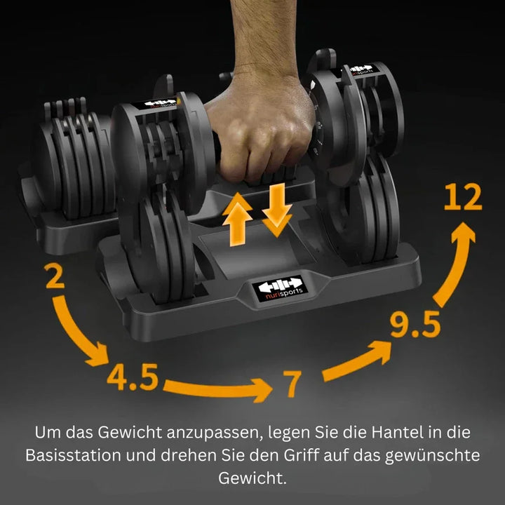 Verstellbare Hantel von nurisports auf Basisstation mit Handgriff und Gewichtsanzeige für Fitness