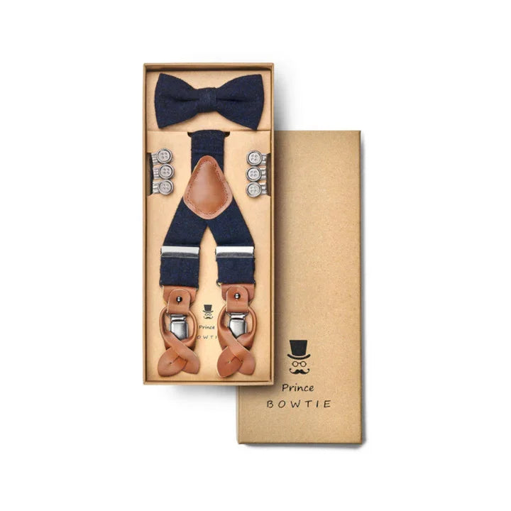 Herren Hosenträger und Fliege Set in Geschenkbox, dunkelblau mit Lederdetails, Prince Bowtie.