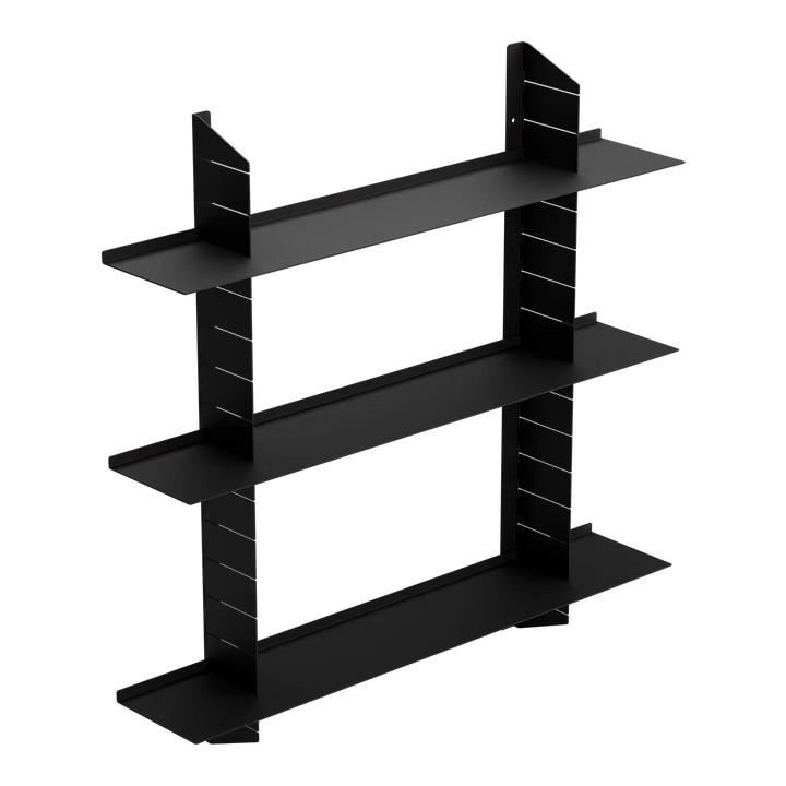 Modernes, schwarzes Regal mit minimalistischem Design, drei Ebenen, freistehend