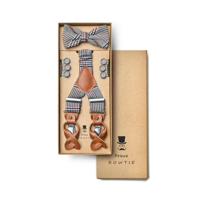 Hosenträger und Fliege im Karomuster mit braunen Lederdetails in Geschenkbox, Prince Bowtie