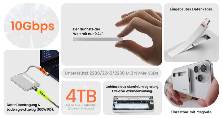 Ein elegantes, ultradünnes Gerät mit integriertem Kabel und Unterstützung für Hochgeschwindigkeitsdatenübertragung, kompatibel mit M.2 NVMe SSDs bis zu 4 TB.