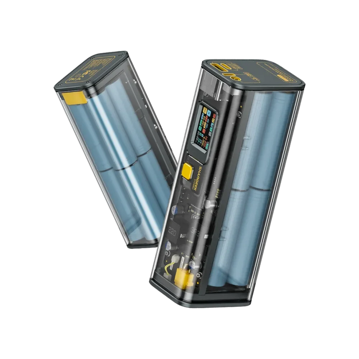 Shargeek 100 Powerbank mit transparentem Gehäuse und LCD-Anzeige, Technik sichtbar