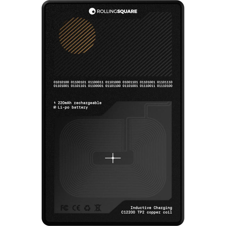 Induktive Ladekarte mit Kupferspule, Rolling Square Logo, 220mAh Akku, technisches Design