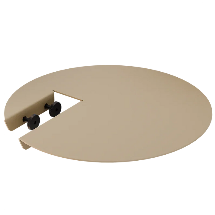 Runder, beige Tischaufsatz mit Aussparung und schwarzen Stellschrauben, Tischverlängerung