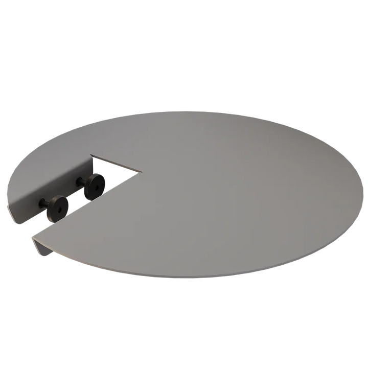 Runder Plattentisch in Platinfarbe mit Ausschnitt und zwei Schraubknöpfen