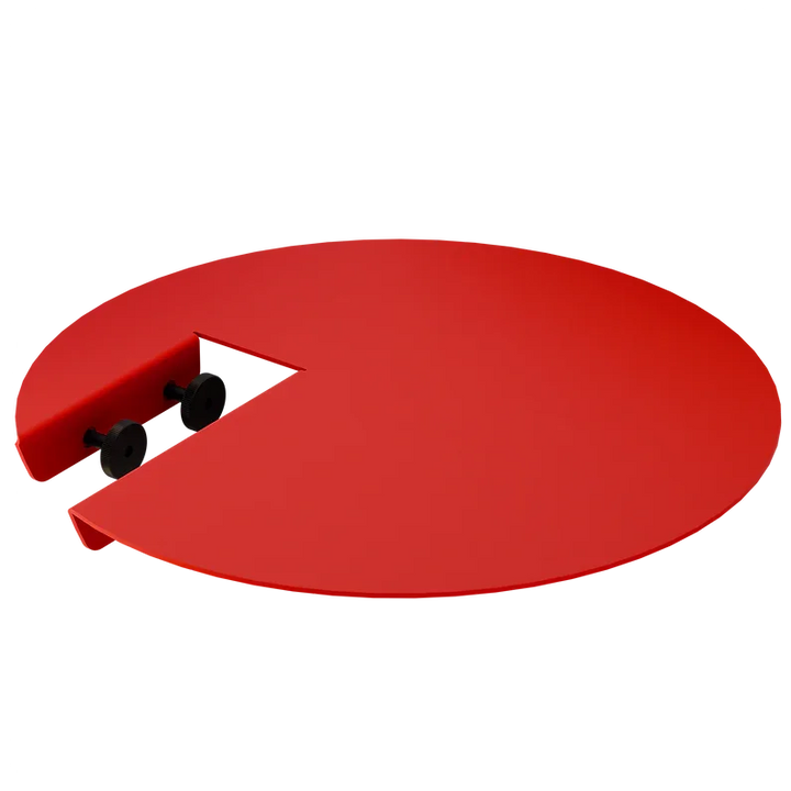 Runde rote Tischplatte mit Aussparung und Befestigungsschrauben, modernes Design