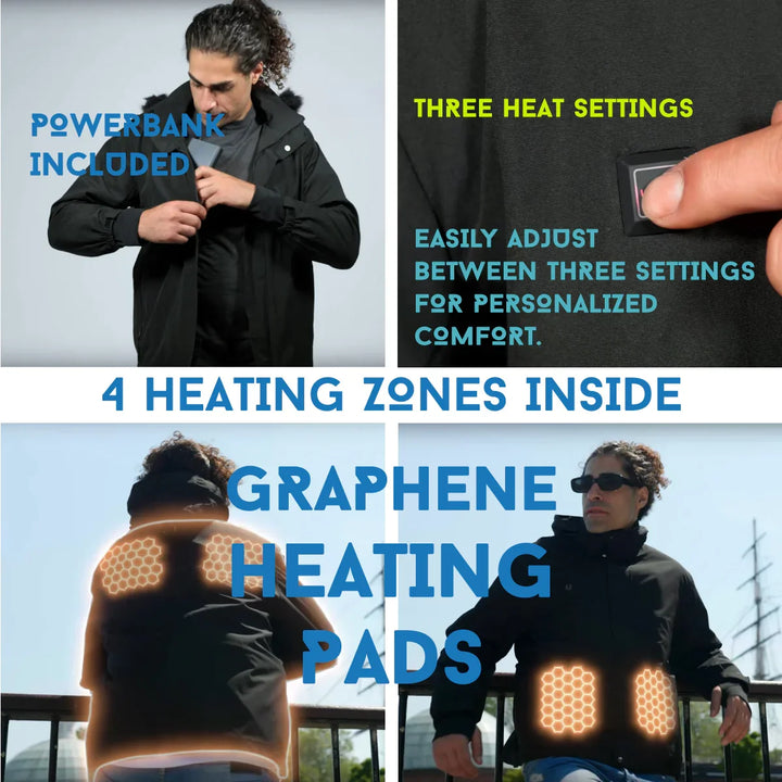 Mann trägt schwarze Heizjacke mit Graphen-Heizpads, vier Heizbereiche, Powerbank, 3 Heizstufen