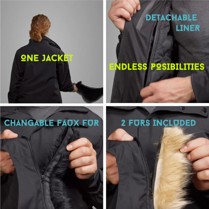 Modulare Tech-Jacke mit abnehmbarem Innenfutter und wechselbarem Kunstfell, zwei Felle dabei