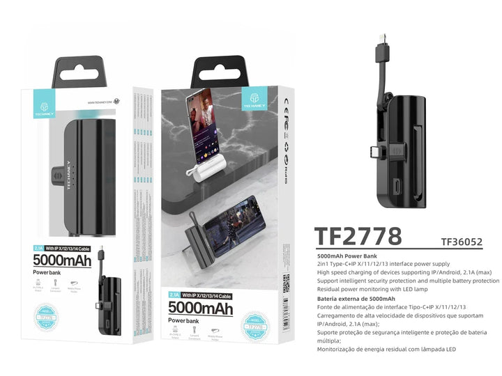 Techancy 5000mAh Powerbank in Schwarz mit Verpackung, Handy-Ladekabel und LED-Anzeige