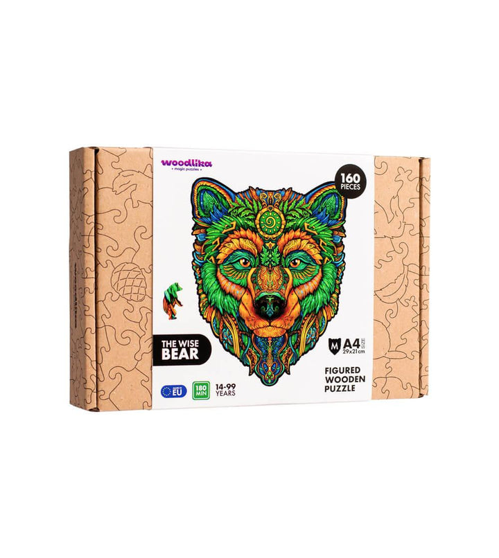 Bunte Puzzlebox aus Holz mit einem lebendigen Bärendesign, der Aufschrift „Der weise Bär“, mit 160 Teilen für Kinder ab 14 Jahren.