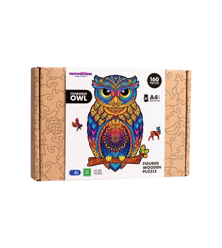 Eine farbenfrohe Puzzlebox mit einem komplizierten Eulendesign, der Aufschrift „Charming Owl“, mit 160 Teilen und empfohlen für Kinder im Alter von 14 bis 99 Jahren.