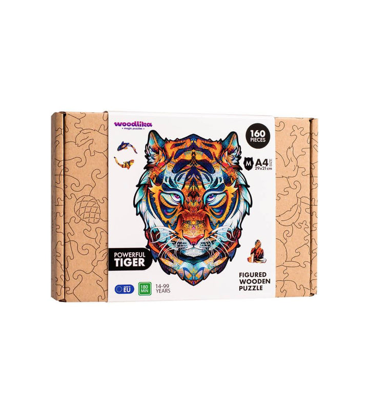 Bunte Holz-Puzzlebox mit kraftvollem Tiger-Motiv, 160 Teile, geeignet für Kinder ab 14 Jahren.