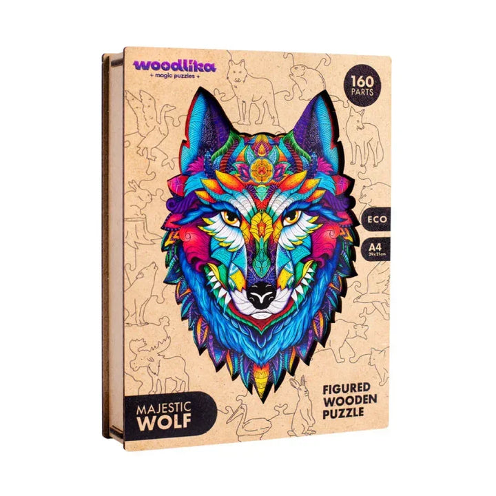 Bunte Schachtel mit einem 160-teiligen Holzpuzzle mit majestätischem Wolfsdesign, gekennzeichnet als umweltfreundliches Produkt.
